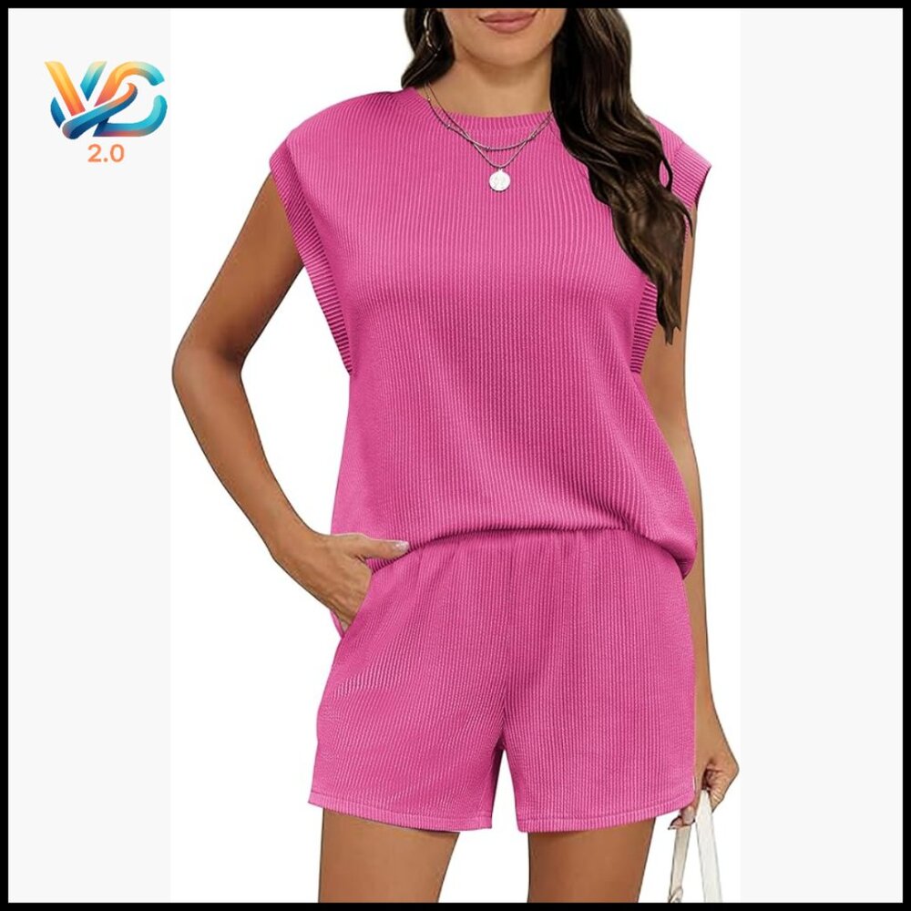 Women's 2-Piece Lounge Set with Pockets, Cap Sleeve Top & Shorts